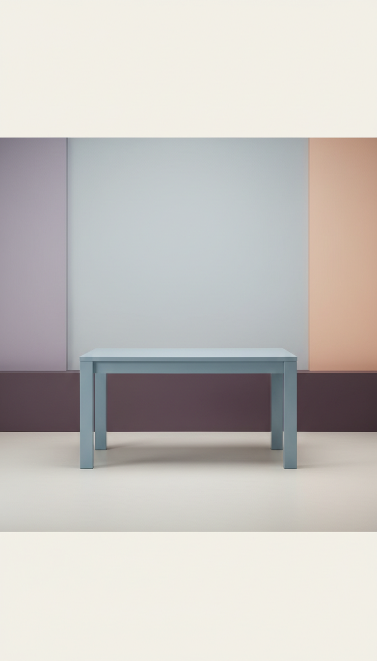 Table à manger bleu poudre laquée silhouette minimaliste